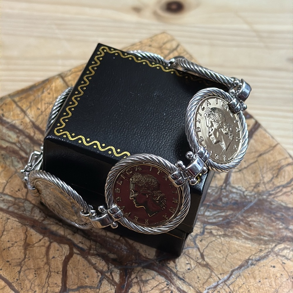925 Sterling Silver 2-Tone Vintage 1981 Italy 20 Lire Bronzital Coin Bracelet - Picture 8 of 9
